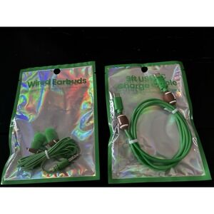 Football Charm 3ft USB-C Charging Cable & Wired Earbuds Green Sports